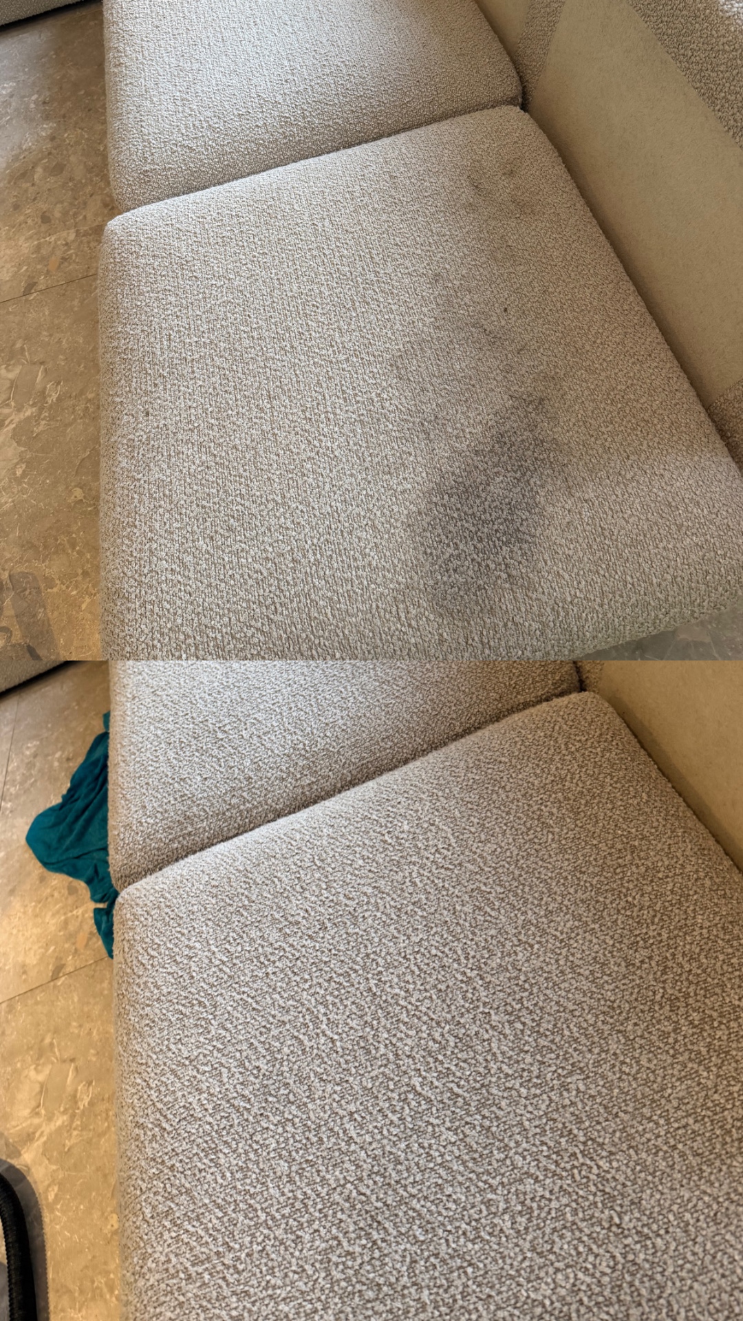 Voor en na: Bouclé zetel met vlekken