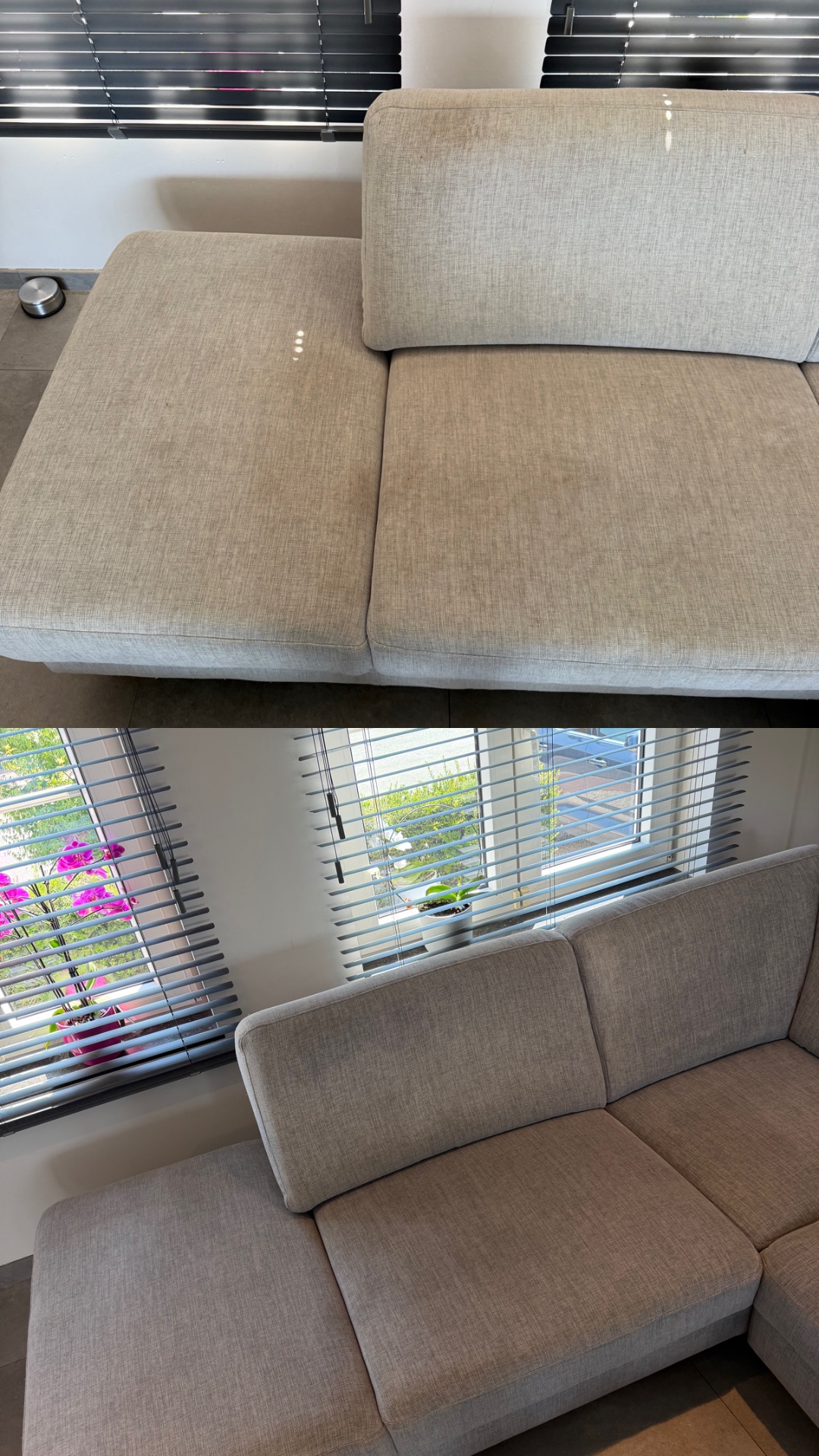 Voor en na: Beige stoffen zetel